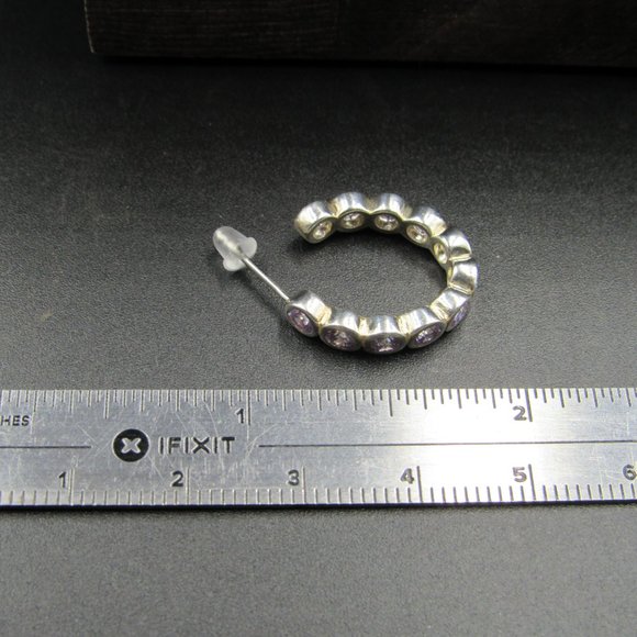 Sterling Silver Curved Half Hoop Clear Cubic Zirconia Earrings Vintage - Picture 7 of 8